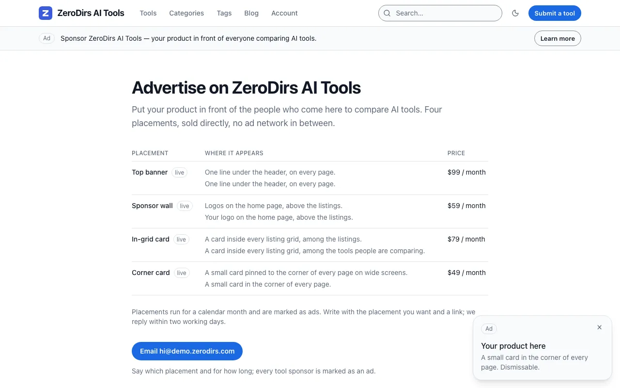 The demo’s /advertise/ page: the placements table with prices and live badges, and the Email button
