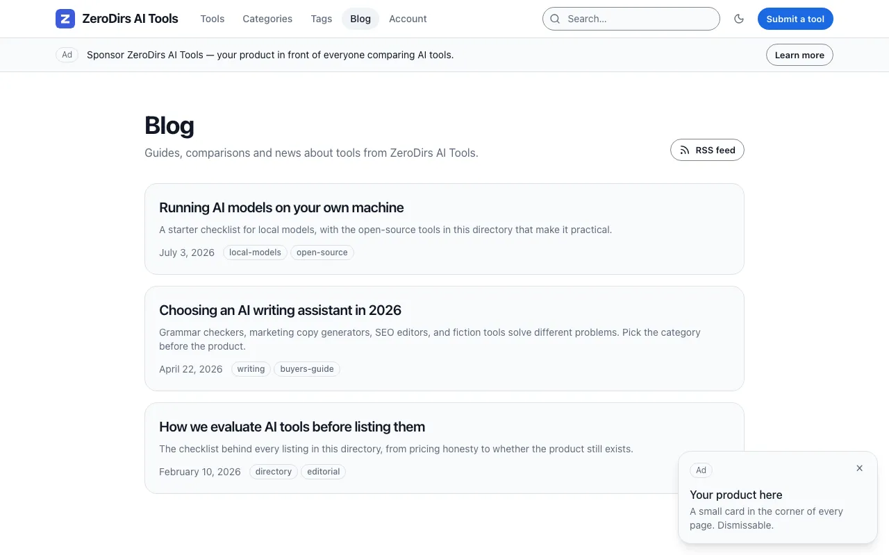 The demo’s /blog/ index: the heading, the RSS feed button and the post cards