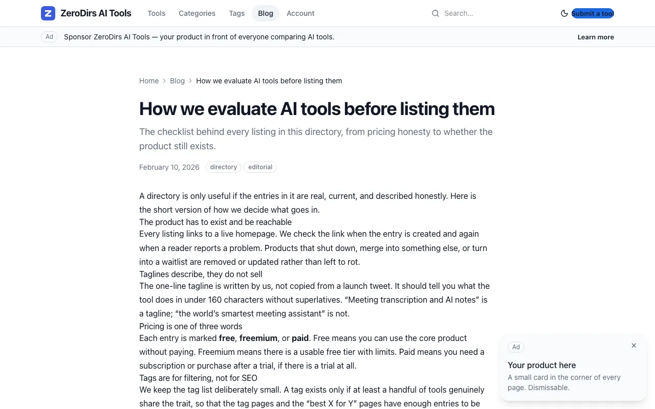 One demo post: breadcrumb, title, description, meta line and body