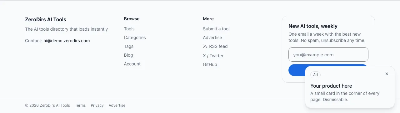 The demo footer: link columns, newsletter form, Terms, Privacy and Built with ZeroDirs