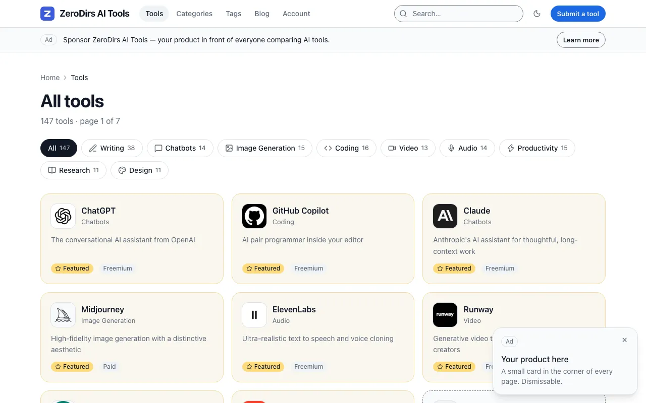 Listing index: category chips and listing cards