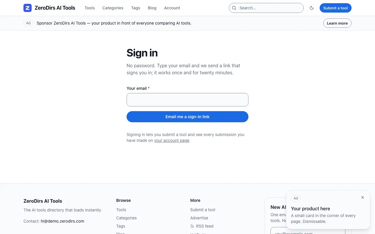 The demo’s sign-in page: an email field and the “Email me a sign-in link” button; “Continue with Google” appears once the two secrets are set