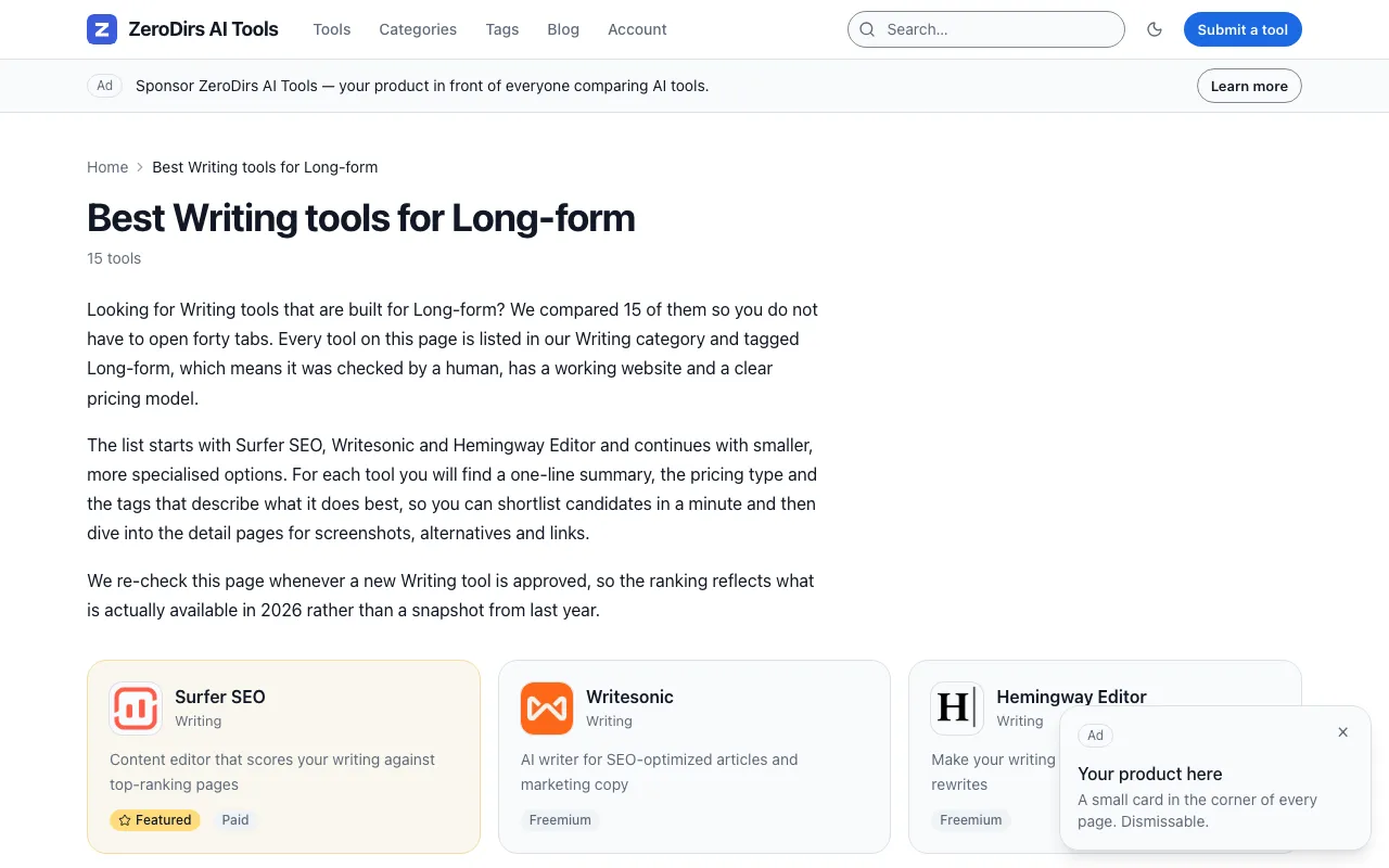 The demo’s /best-writing-for-long-form/ page: breadcrumb, h1, intro, the item list, the FAQ and the sibling links