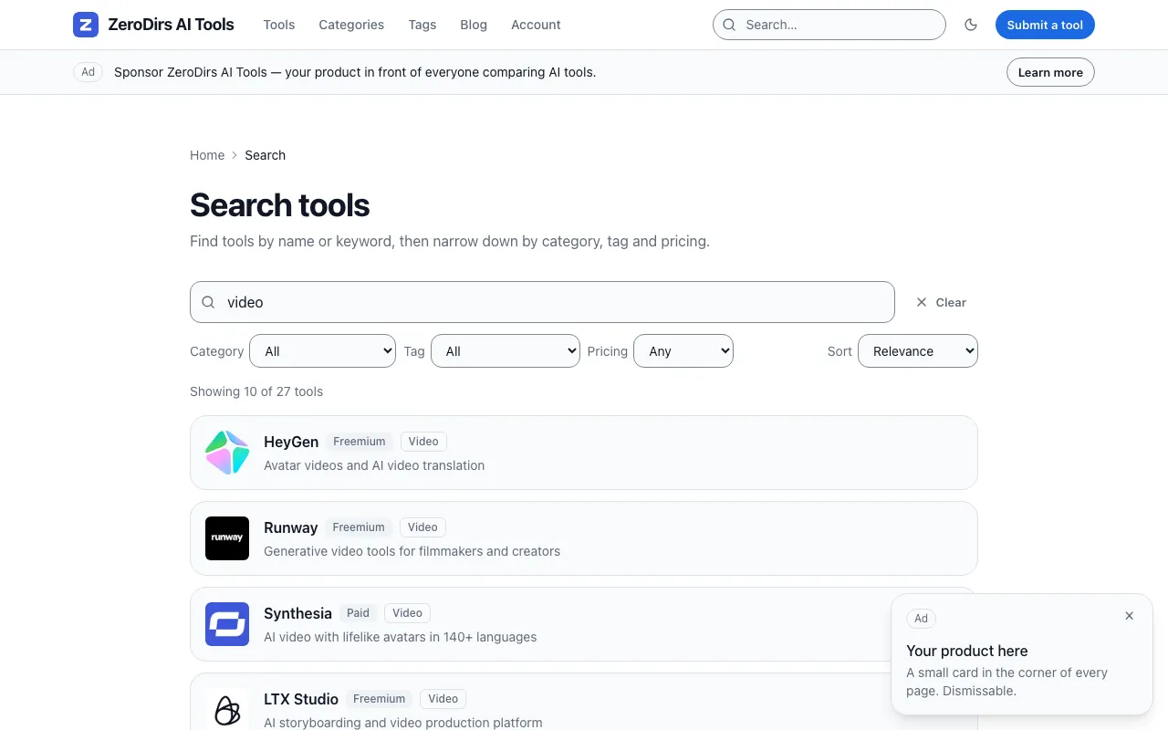 The search page on the demo: the query in the box, pricing and category filters, and the result list